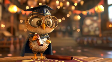 A cute owl wearing a graduation cap and gown, holding a diploma, and wearing round glasses