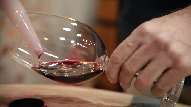 Red wine pulled from a wine barrel in a wine cellar