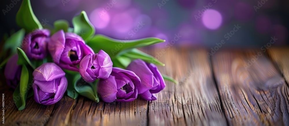 Poster Purple tulips arranged on a wooden table with a blurred background allowing space for additional content or text