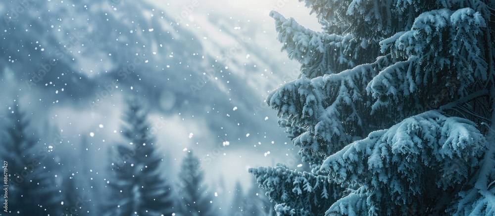 Aufkleber snow covered pine trees with a wintry background of cold and snowy mountains perfect for a copy spac