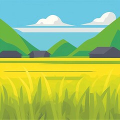 Obraz premium Serene Vector Illustration of Rice Field