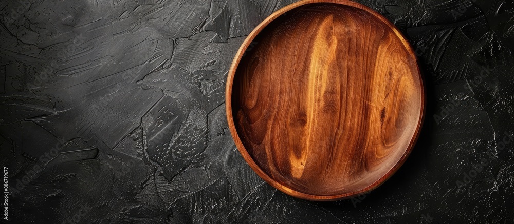 Poster Wooden plate showcased against a black backdrop with a copy space image