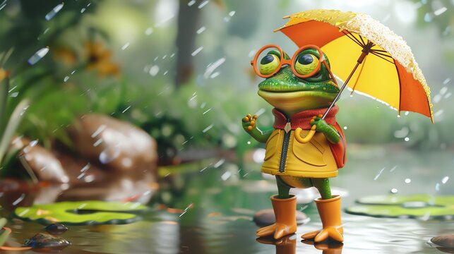 A cute frog in a raincoat and boots, holding an umbrella and wearing glasses, standing near a school pond