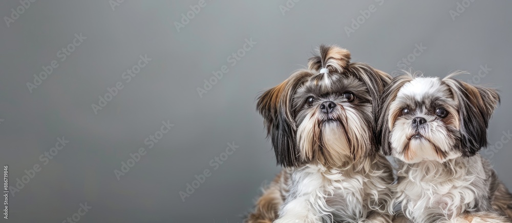 Poster a pair of shih tzu dogs posing in a studio with a grey background creating a lovely composition with