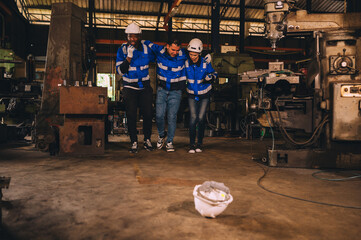 Skilled factory worker saves his teammates from industrial accident and human engineering and safety concept.
