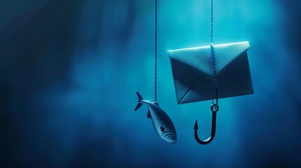 Phishing awareness. A fishing hook and an email envelope on a blue background. Cybersecurity, cyber crime, online fraud and scam concept.