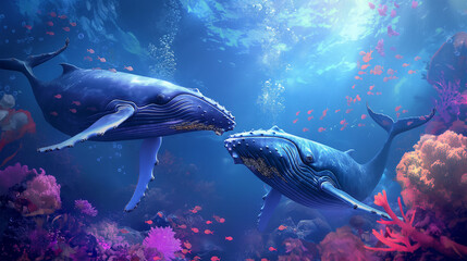 Fototapeta premium A​ couple of ​humpback on the underwater isolation, Illustration
