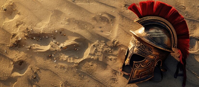 Empty copy space image for inscription featuring a Roman or Ancient Greek Legionary helmet on a sandy backdrop evoking an ancient warrior s essence