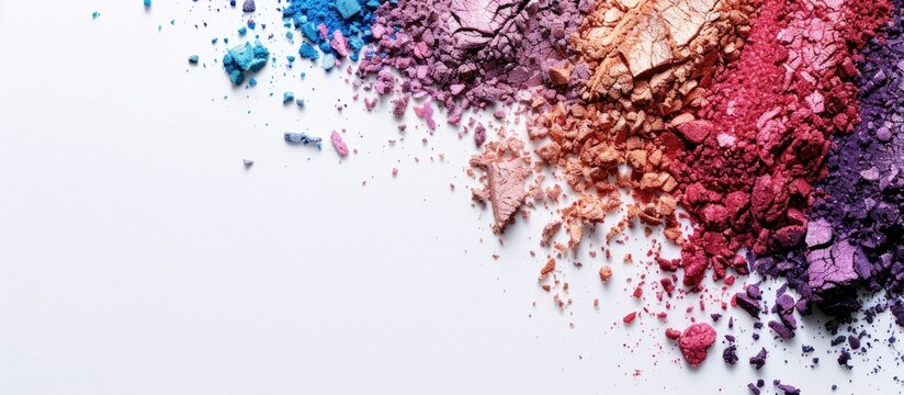 Various sets of scattered eyeshadow cosmetic powder on a white background representing the fashion and beauty industry with an abstract theme and space for text in the mineral makeup texture copy spa