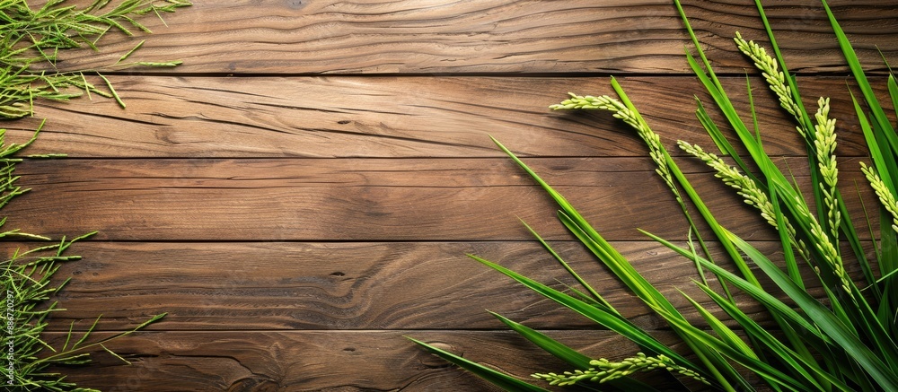 Poster rice paddy displayed on a rustic wooden surface with ample copy space image