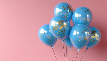 Blue gold foil balloons on a pastel pink background 