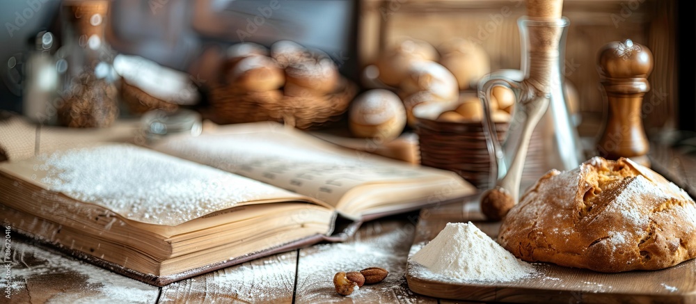 Aufkleber an open cookbook on a wooden table with a bakery background offers a delightful recipe and menu conc
