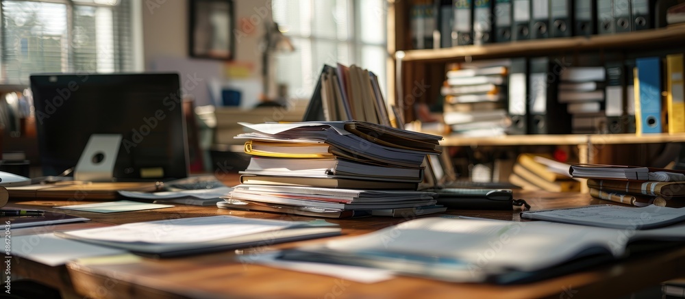 Aufkleber A cluttered office table with a stack of folders and documents providing a perfect copy space image