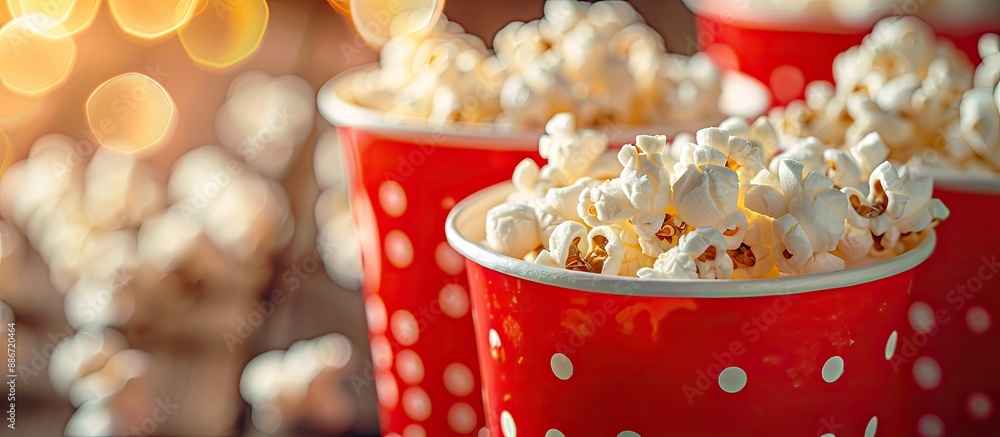 Aufkleber close up of popcorn with red plastic cups filled with a fizzy drink in the background creating a vis