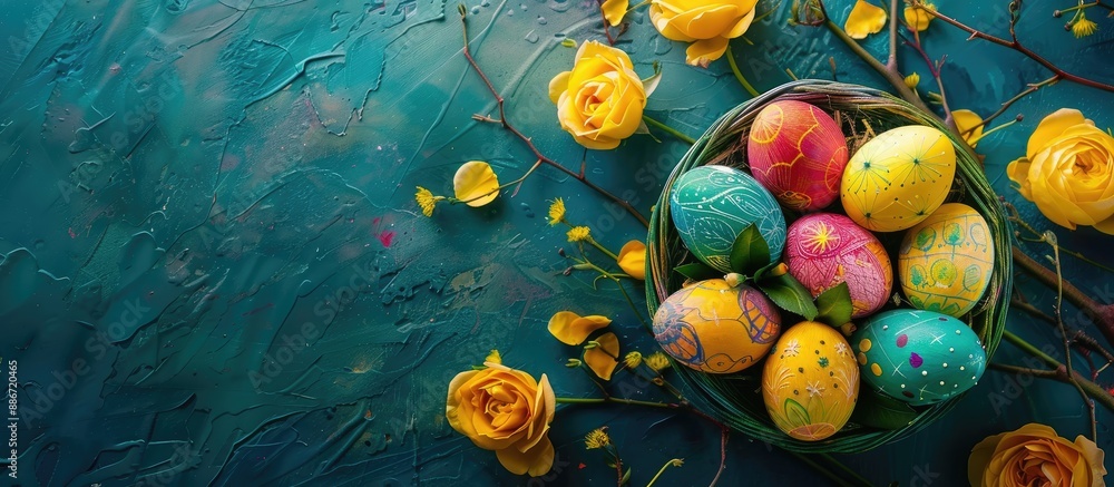 Poster top view of a colorful easter egg basket on a vibrant table with yellow roses creating a cheerful co