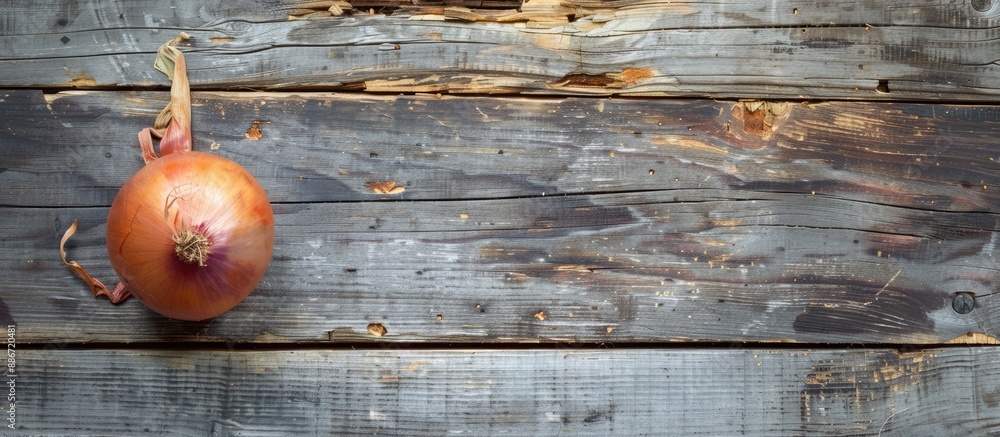 Poster a top down view of an onion placed on a weathered wooden table with ample copy space image available