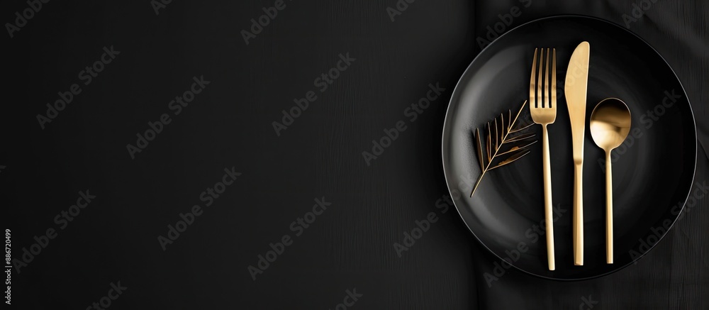 Poster elegant gold cutlery on black plates creates a stunning display with a sophisticated touch the image