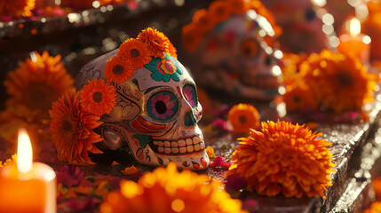 Day of the Dead, Colorful sugar skulls and marigold flowers on a traditional altar