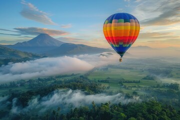Naklejka premium Hot Air Balloon Ascending Over Misty Mountain Valley