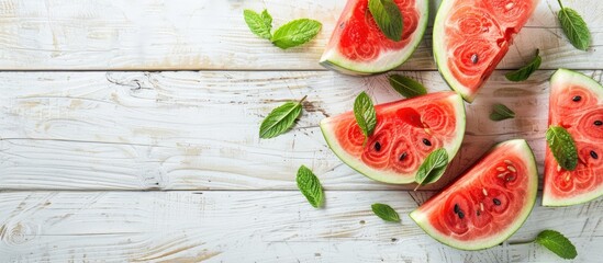 Fresh watermelon slices with mint on a white wooden surface perfect for summer with copy space image