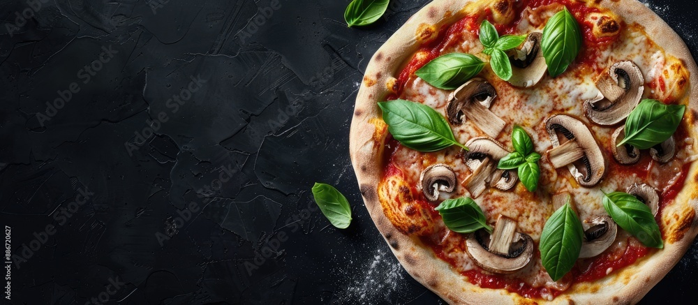Poster top down view of pizza topped with mushrooms basil and cheese on a dark backdrop with copy space in 