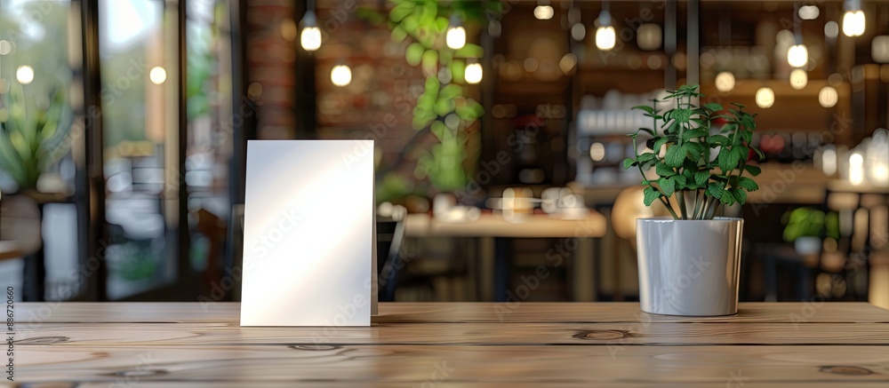 Poster white label mockup for a menu frame in a cafe booklet stand with sheets tent card on table blurred b