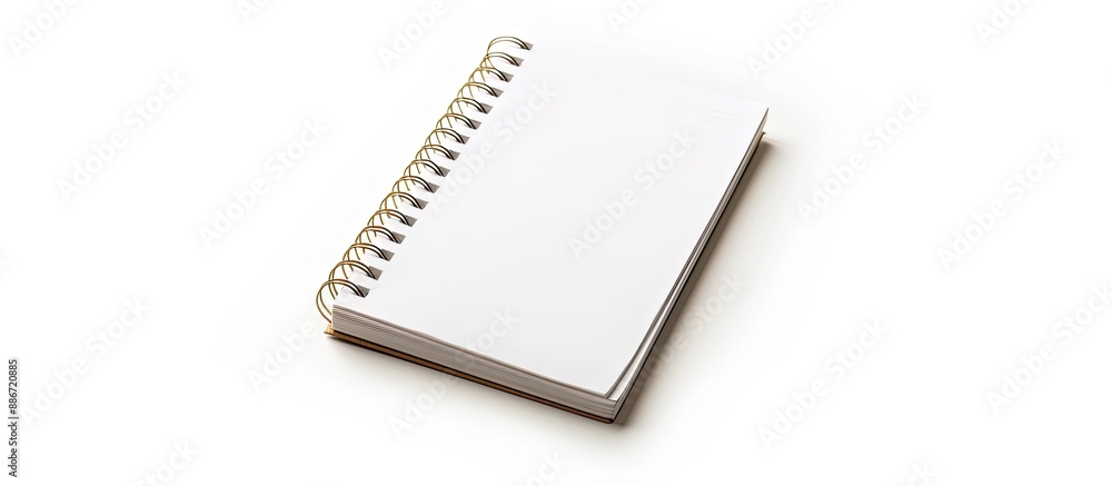 Poster isolated on a white background a spiral bound notepad displays a blank white page with ample copy sp