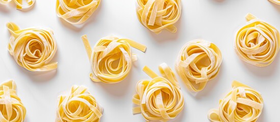 Tagliatelle pasta nests arranged on white background with copy space image