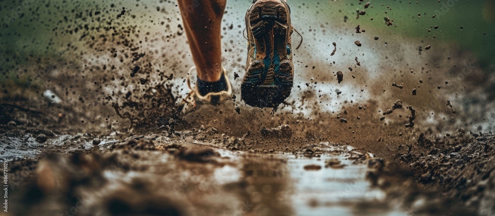 Poster a muddy race runner s legs and shoes are shown in a copy space image capturing a run in the mud