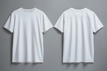 Two white t-shirts placed side by side against a gray background