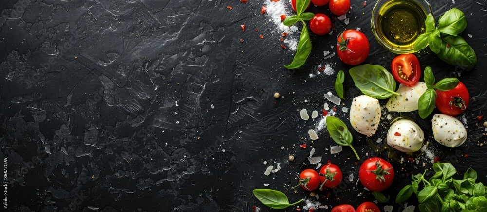 Poster top view image of a caprese salad featuring tomatoes mozzarella basil and olive oil on a black textu