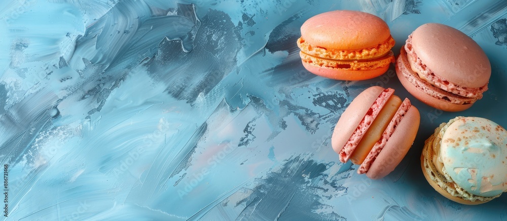 Poster delicious cake macarons or macaroons displayed on a backdrop with available copy space image