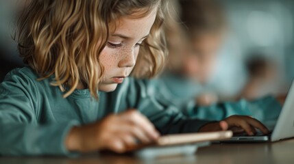 A child is focused on using a tablet computer, engaging in educational activities, representing the integration of technology into early childhood learning environments.