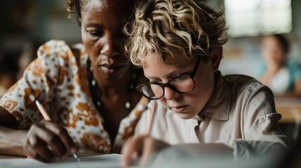 Obraz premium A teacher closely assists a student with educational tasks in a classroom setting, highlighting the importance of guidance and support in learning processes.