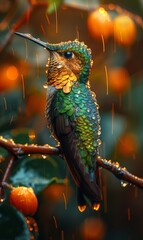 Fototapeta premium Beautiful portrait of a colorful hummingbird in the rain.