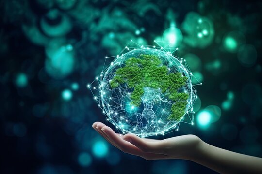The concept of integrating AI technology for sustainability and greener Earth. Ecological, environment, conservation, futuristic, eco-conscious, global, advancement