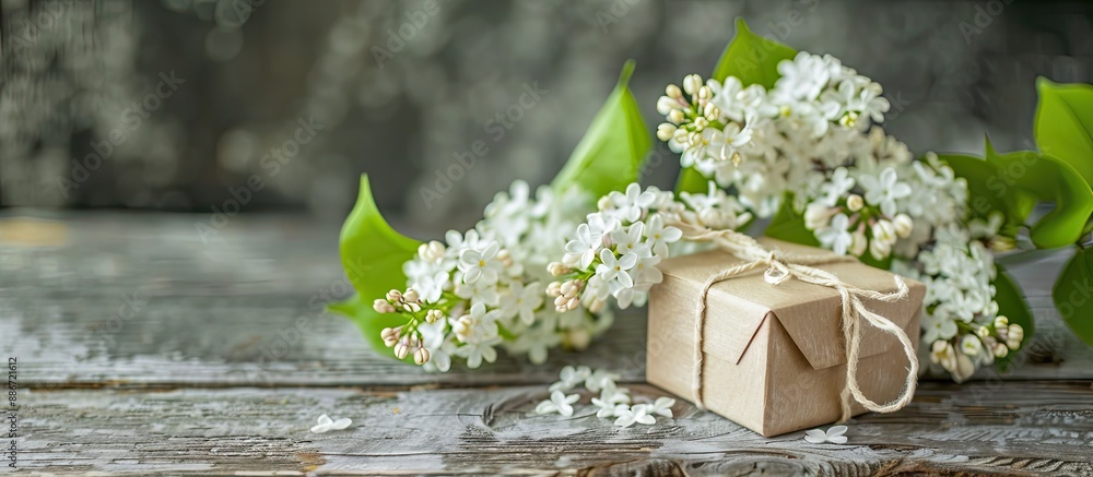 Poster studio shot of a white lilac branch with a surprise box in festive wrapping on a wooden background w