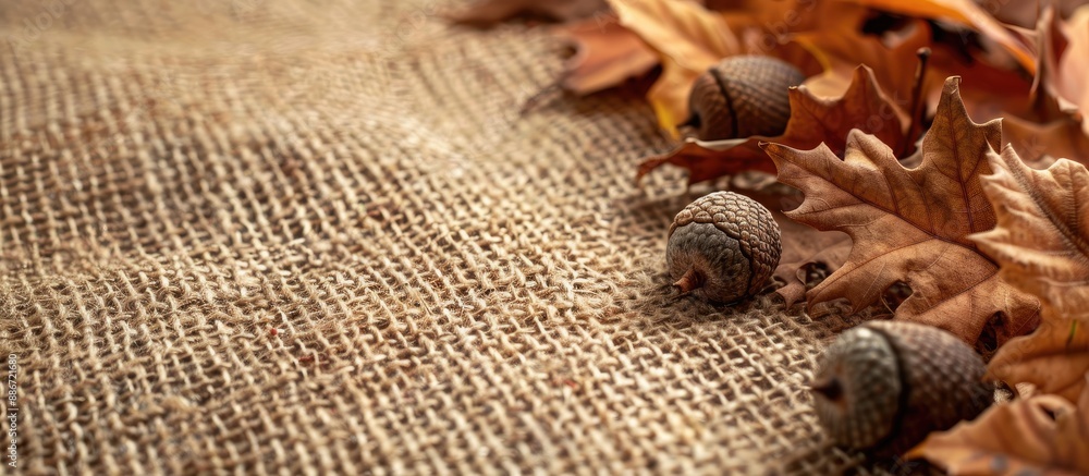 Poster fall harvest concept with acorns and oak leaves on burlap creating an autumn inspired setting with a