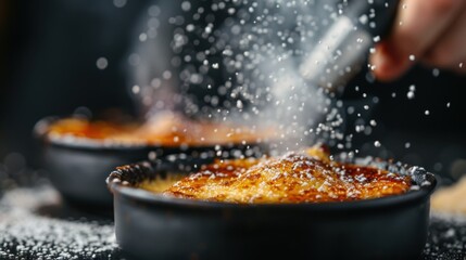A chef expertly dusting powdered sugar onto the caramelized top of a dessert, showcasing a meticulous finishing touch in the culinary realm with a focus on presentation and flavor.