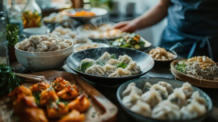 Obraz premium A banquet-style table is set with a wide variety of dumplings and accompanying side dishes, representing a feast full of diverse flavors, textures, and culinary traditions.