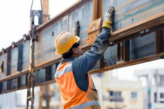 Construction Worker Lifting Beam A muscular construction worker skillfully lifting a steel beam, showcasing physical strength combined with technical expertise