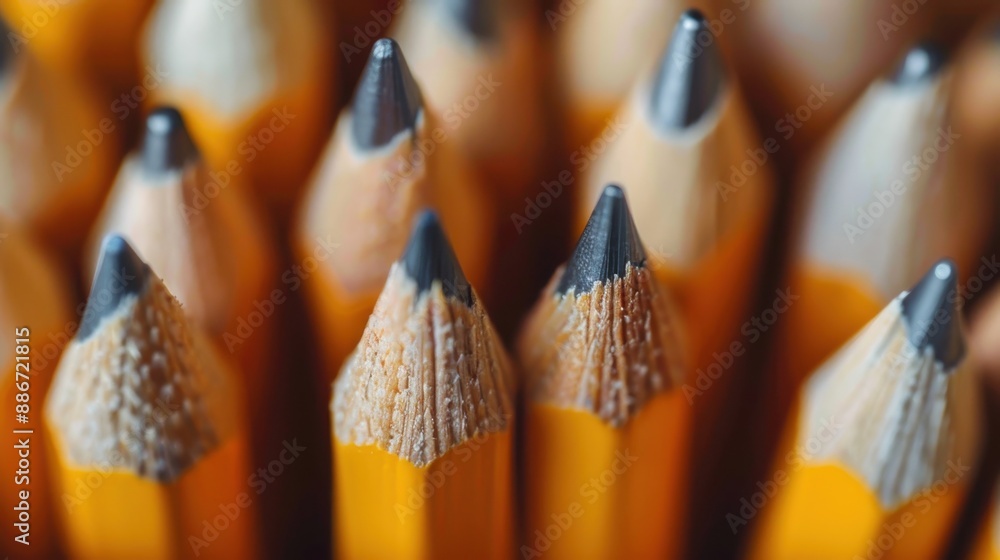 Poster a close-up view of sharpened yellow pencils aligned in a neat row, emphasizing the sharp tips and fi
