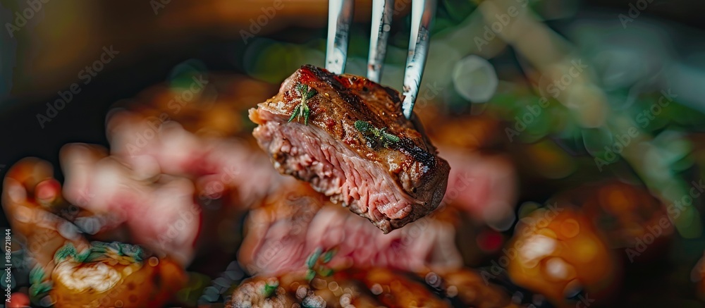 Poster a close up shot of sliced grilled pork steak on a fork with a blurry background perfect for a copy s