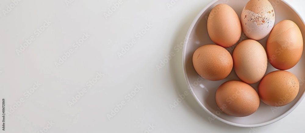 Aufkleber fresh raw eggs on a plate against a white backdrop creating a still life with ample copy space image