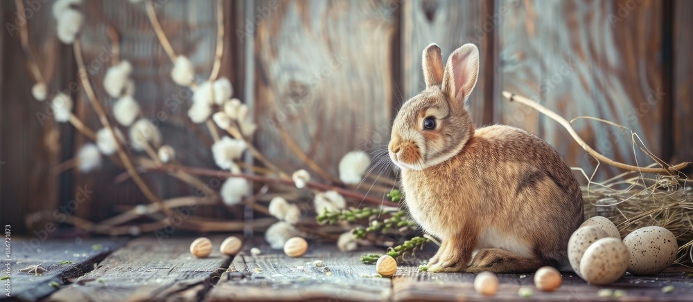 Canvas Prints Rustic background with a traditional Easter holiday bunny featuring copy space image