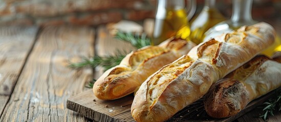 Italian baguette on wooden table with oil featuring selective focus and soft background ideal for placing your own content in the copy space image