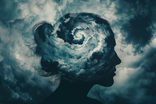 Internal Storm A silhouette of a person's head with dark storm clouds swirling inside, representing the internal chaos of psychosis