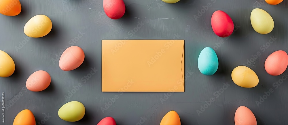 Aufkleber colorful easter eggs and a paper card are artistically arranged on a gray background to create a min