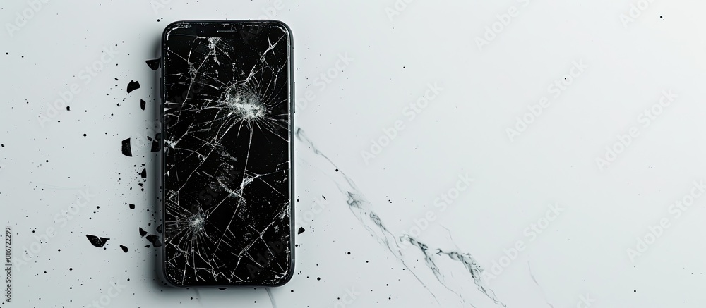Poster a black cellphone with damage and bends placed on a white background with room for additional images