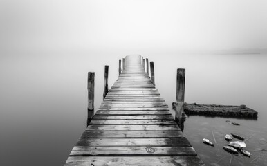 Obraz premium Wooden Pier Extending into a Foggy Lake